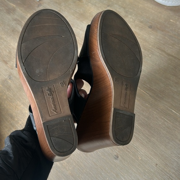 American Eagle Open Toe Faux Wood Wedge Buckle Platform Sandals Black Size 9.5 - Picture 13 of 16